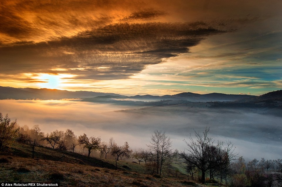 Một lớp sương mù dày đặc che phủ gần như toàn bộ thung lũng phía xa – hình ảnh của vùng nông thôn ở Transylvania.