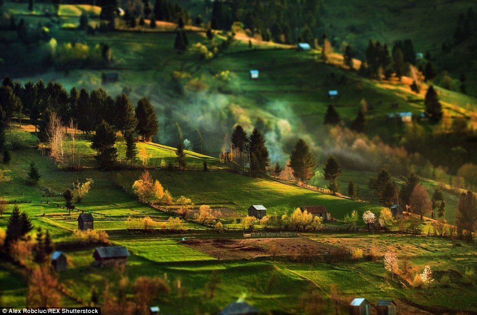 Những dãy nhà truyền thống ở Transylvania có thể được nhìn thấy nằm rải rác với những khu đất nông nghiệp bên những ngọn đồi của khu vực miền trung Romania.