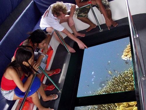 2.	Tàu đáy kính Bạn yêu thích ngắm nhìn thế giới dưới đáy biển nhưng lại không biết bơi hoặc ngại ngâm mình dưới nước thì đây là dịch vụ chắc chắn bạn phải thử ngay. Với loại tàu được thiết kế với đáy lót kính, du khách có thể ngồi trên tàu nhưng vẫn có thể ngắm nhìn thế giới đa dạng với đáy biển Boracay. Với dịch vụ này, bạn có 2 giờ trải nghiệm bao gồm cả nước uống, thức ăn nhẹ và cung cấp các thiết bị lặn biển cơ bản.