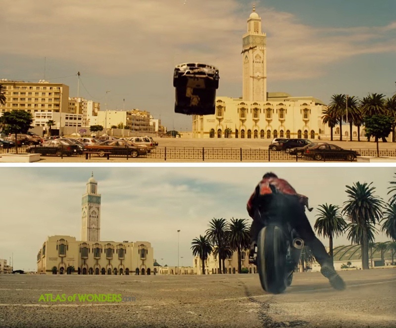 Hai hình ảnh khác nhau được cắt từ trailer của phim, với hình ảnh nhà thờ Hassan II ở phông nền. (Ảnh gốc của hãng phim Paramout Pictures)