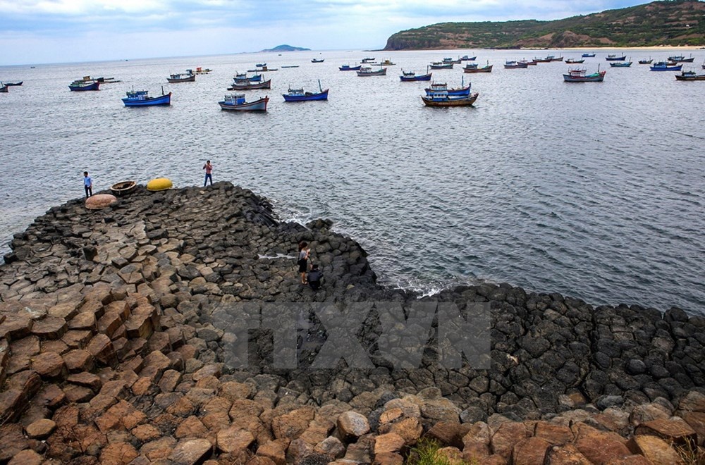 Gành Đá Đĩa, rộng khoảng 50m và trải dài hơn 200m, là một tập hợp các trụ đá hình lăng trụ xếp liền nhau, hòn nọ nối hòn kia từ bờ kéo dài ra tới biển. Bãi đá trải rộng san sát nhau chung một màu đen huyền bí, có trụ thẳng đứng, có trụ nghiêng vẹo, xếp tầng chồng lên nhau trong như chồng bát đĩa.