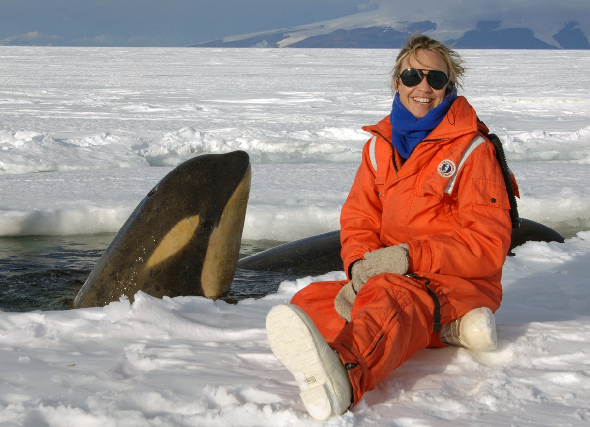 Nhà hải dương học Lisa Ballance cùng những con cá voi. Bức ảnh được chụp tại phía Nam biển Ross, Nam Cực