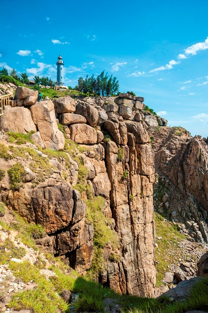 Vách đá cheo leo và ngọn hải đăng Mũi Điện ở trên cao khi chúng tôi đứng ở nơi cực đông tổ quốc. Ảnh: Dương Trọng Tuấn.