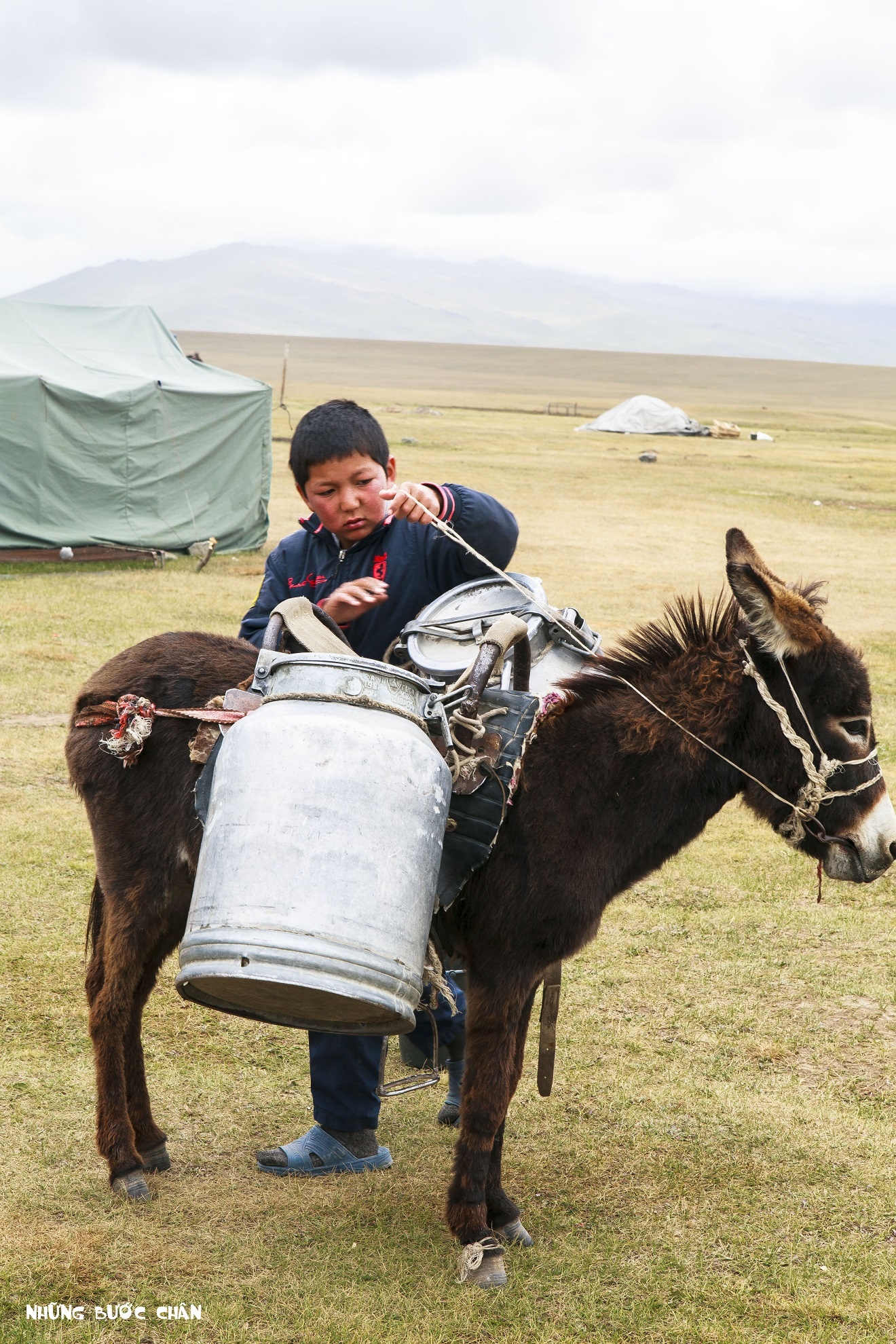 Mỗi buổi sáng, trẻ em thường dậy sớm để lấy nước từ những con suối, con sông hay hồ nước cạnh làng bằng lừa. Chú bé này được mẹ dặn đi lấy 10 đôi nước, nhiều gấp đôi so với bình thường vì hôm nay nhà chú có họ hàng về thăm nhân dịp lễ hội được tổ chức tại làng. Đây là công việc hằng ngày nên chú làm trông rất thuần thục.