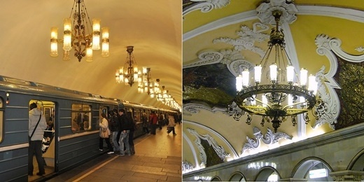 Ga tàu điện ngầm Moscow, Nga: Ga tàu điện ngầm Moscow là hệ thống tàu điện ngầm đầu tiên ở Liên Xô cũ. Hiện nay, hệ thồng tàu điện ngầm này có tới 197 trạm, hơn 9,2 triệu người đi hằng ngày và một loạt các thiết kế kiến ​​trúc đẹp, phản ánh lịch sử phong phú của đất nước Nga. 