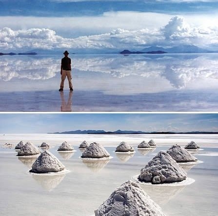 Sa mạc Uyuni (Bolivia): Salar là một trong những biểu tượng của Bolivia, một sa mạc muối khổng lồ nằm ở trung tâm Altiplano. Đó là một sa mạc dường như bằng phẳng, phản chiếu ánh nắng mặt trời. Trên sa mạc còn có một vài hồ nước với những màu sắc kỳ lạ bắt nguồn từ những khoáng sản trong khu vực.