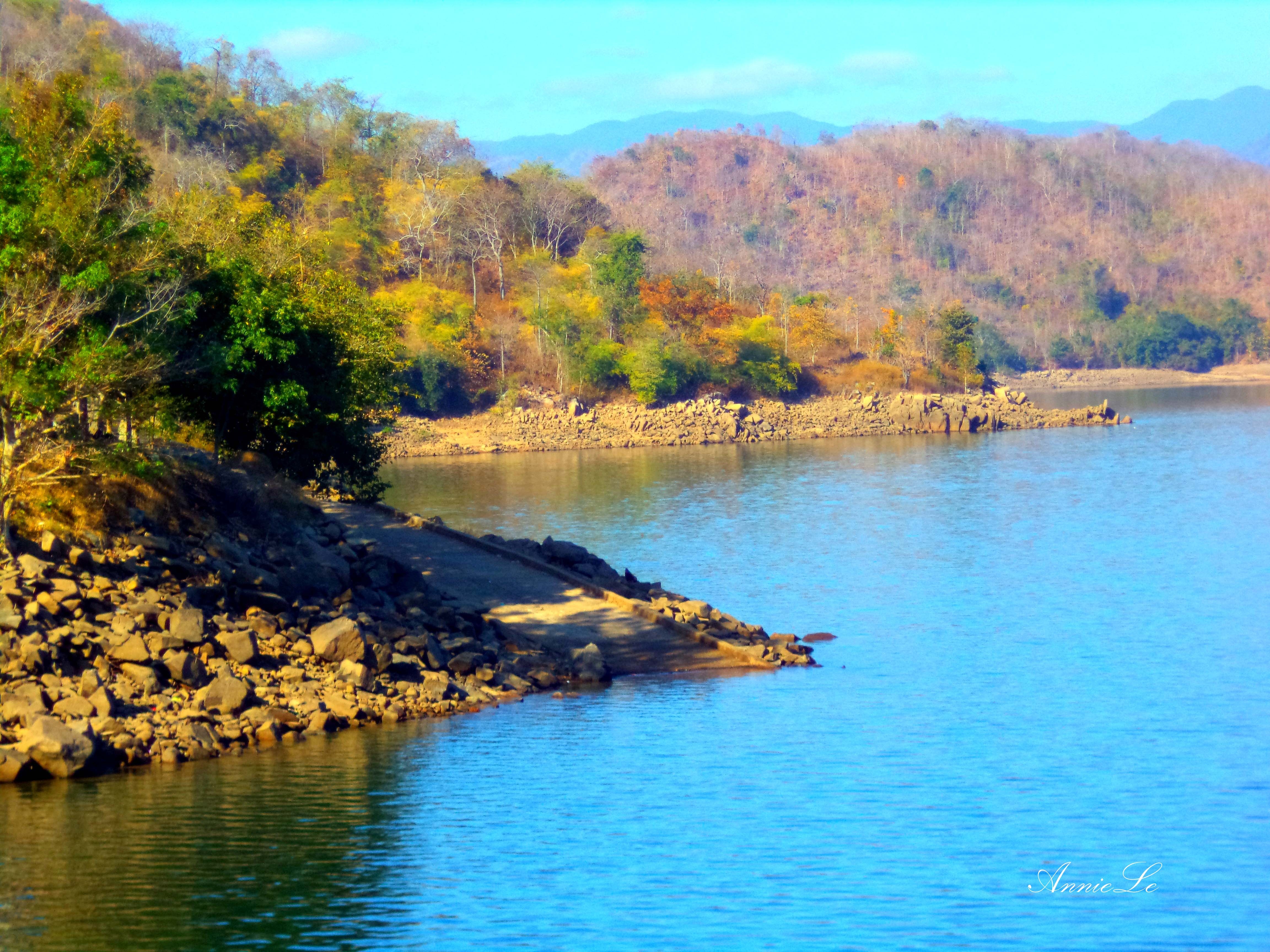 Từ bờ đập, có những con đường rợp bóng cây, dẫn thẳng xuống hồ.