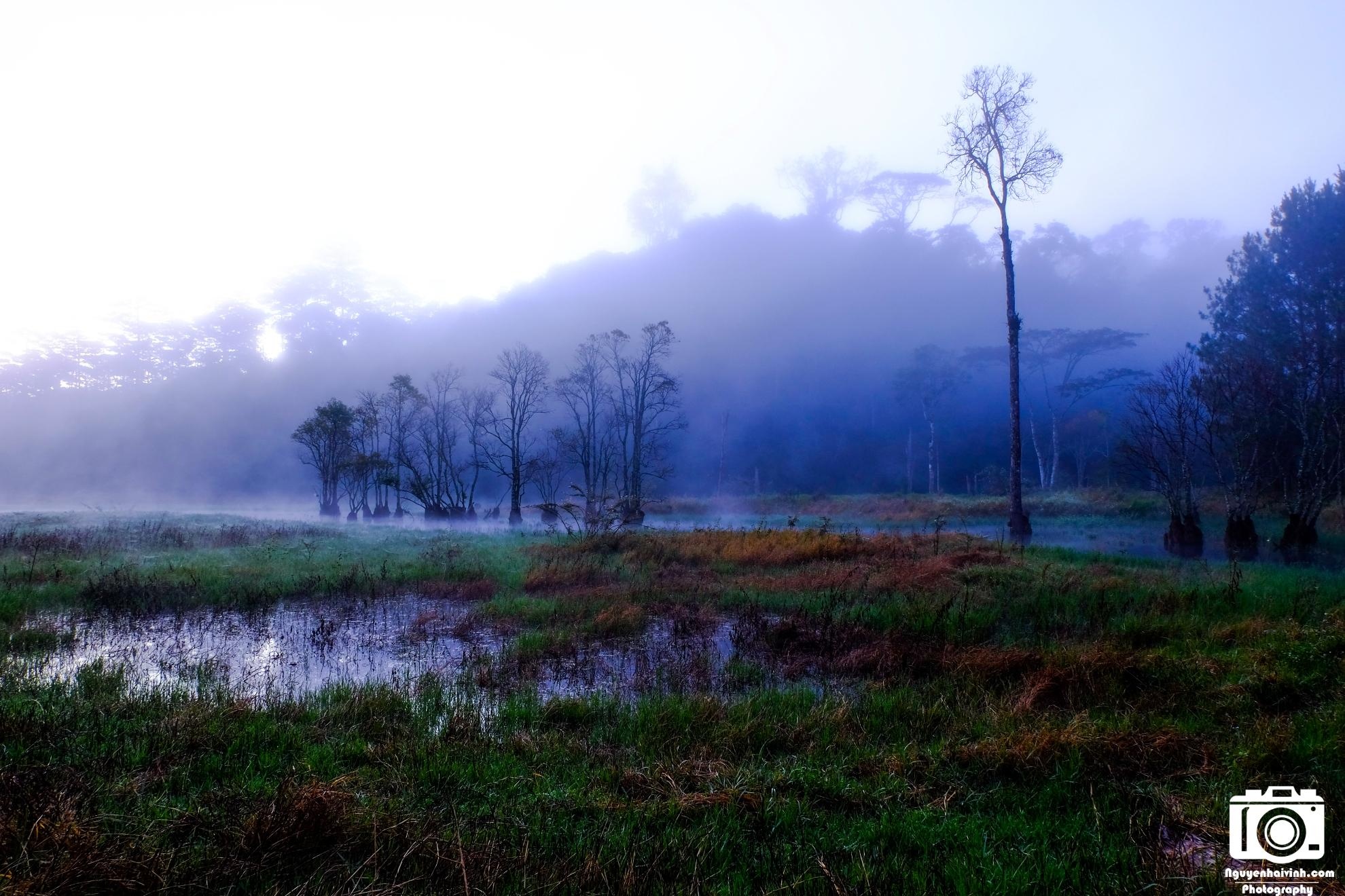 Buổi sáng phong cảnh tại đây như một bức tranh thủy mặc với sương bay là đà trên mặt hồ, phía xa là những rặng núi bị sương mù bao phủ.