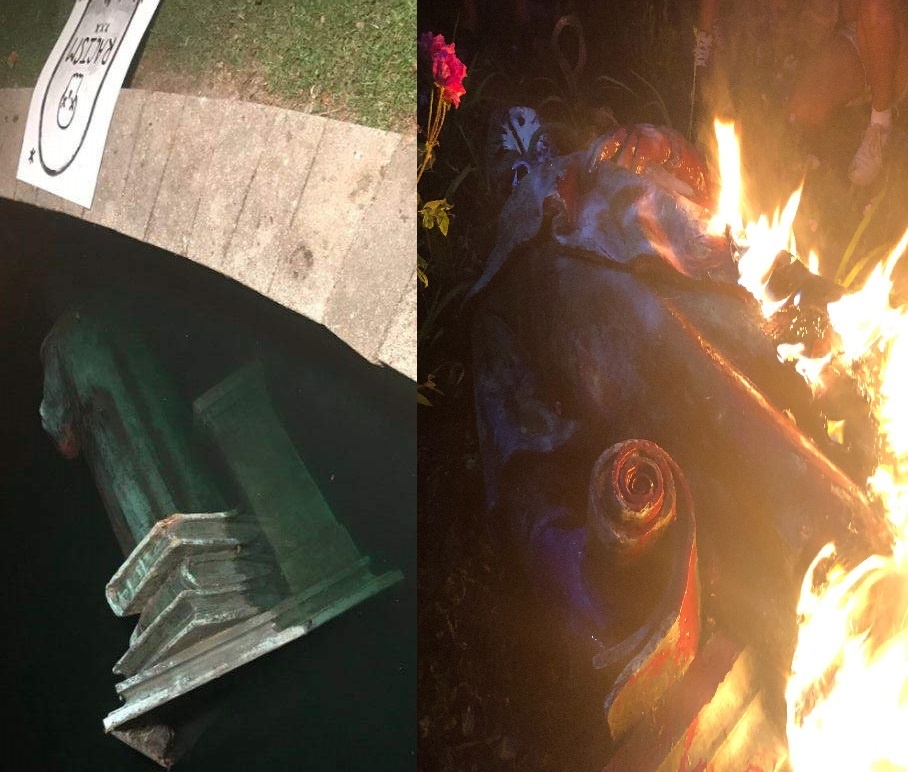 Nguoi bieu tinh My dot tuong Christopher Columbus va nem xuong ho hinh anh