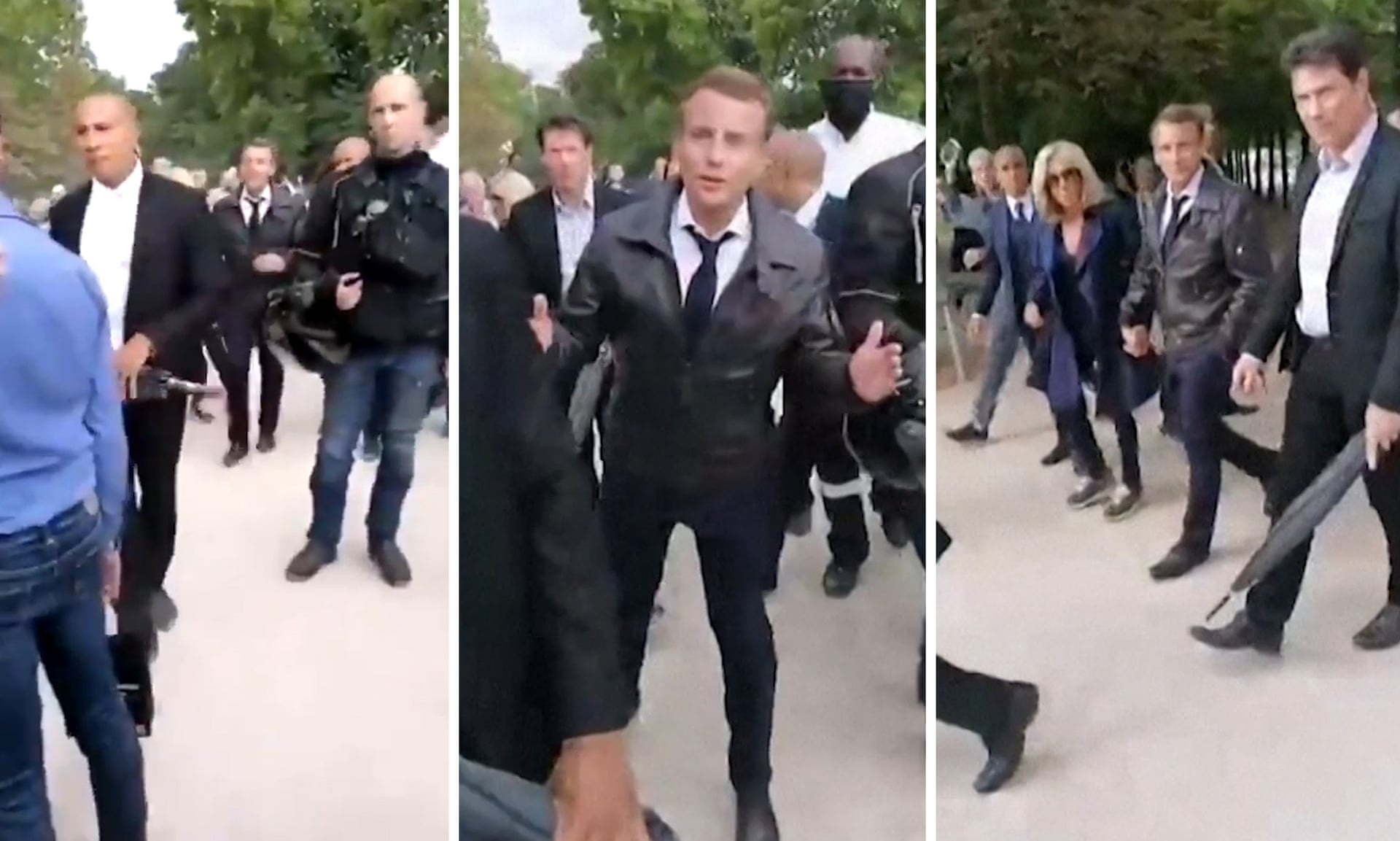 Tong thong Macron bi nguoi bieu tinh bao vay khi di bo cung vo hinh anh