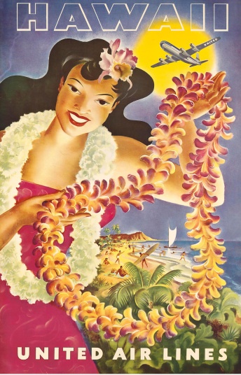 Cô gái bên bãi biển Haiwaii trong poster quảng cáo của hãng hàng không United Air Lines. Tác giả: Joseph Feher (1908-1988)