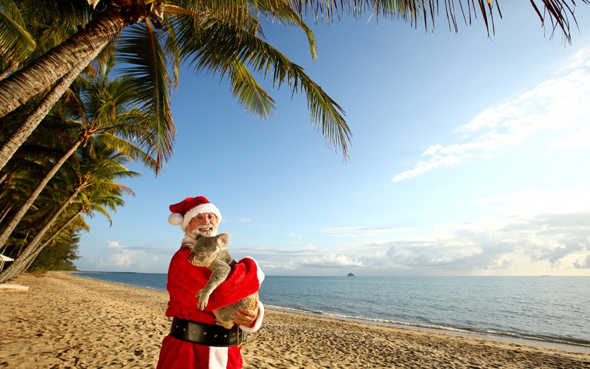 Ông già Noel nhận được cái ôm nồng ấm của “phụ tá” koala mang tên Forest ở vườn thú Cairns Tropical Zoo, Queensland, Australia. Ảnh: Getty Images