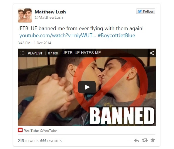 Bị cấm bay vĩnh viễn vì đăng Twitter bêu xấu: Matthew Lush, một blogger nổi tiếng với hơn 150.000 người theo dõi trên Twitter và hơn 500.000 người theo dõi trên Youtube bị hãng hàng không JetBlue cấm bay trên mọi chuyến bay của hãng. Nguyên nhân là vị Matthew muốn hủy một chuyến bay không được hoàn trả, nhưng lại không muốn mất phí hủy chuyến, mặc dù hãng JetBlue đã giảm phí cho anh từ <abbr class=