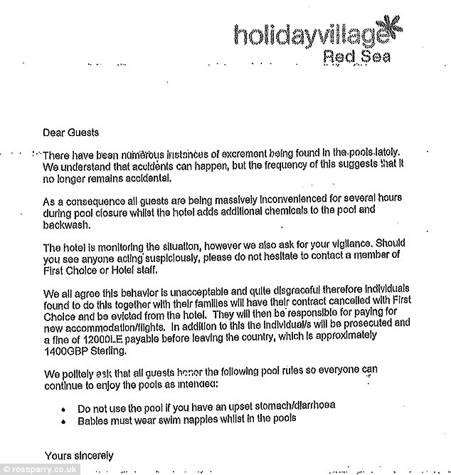 Du khách đại tiện ở bể bơi: Các bể bơi ở Egyptian Red Sea Village, khu nghỉ dưỡng hàng đầu tại Sarigerme, Thổ Nhĩ Kỳ phải đóng cửa tới 9 lần vì lý do vệ sinh. Khu nghỉ dưỡng này buộc phải ra quy định sẽ phạt bất cứ ai đại tiện ra bể bơi số tiền <abbr class=