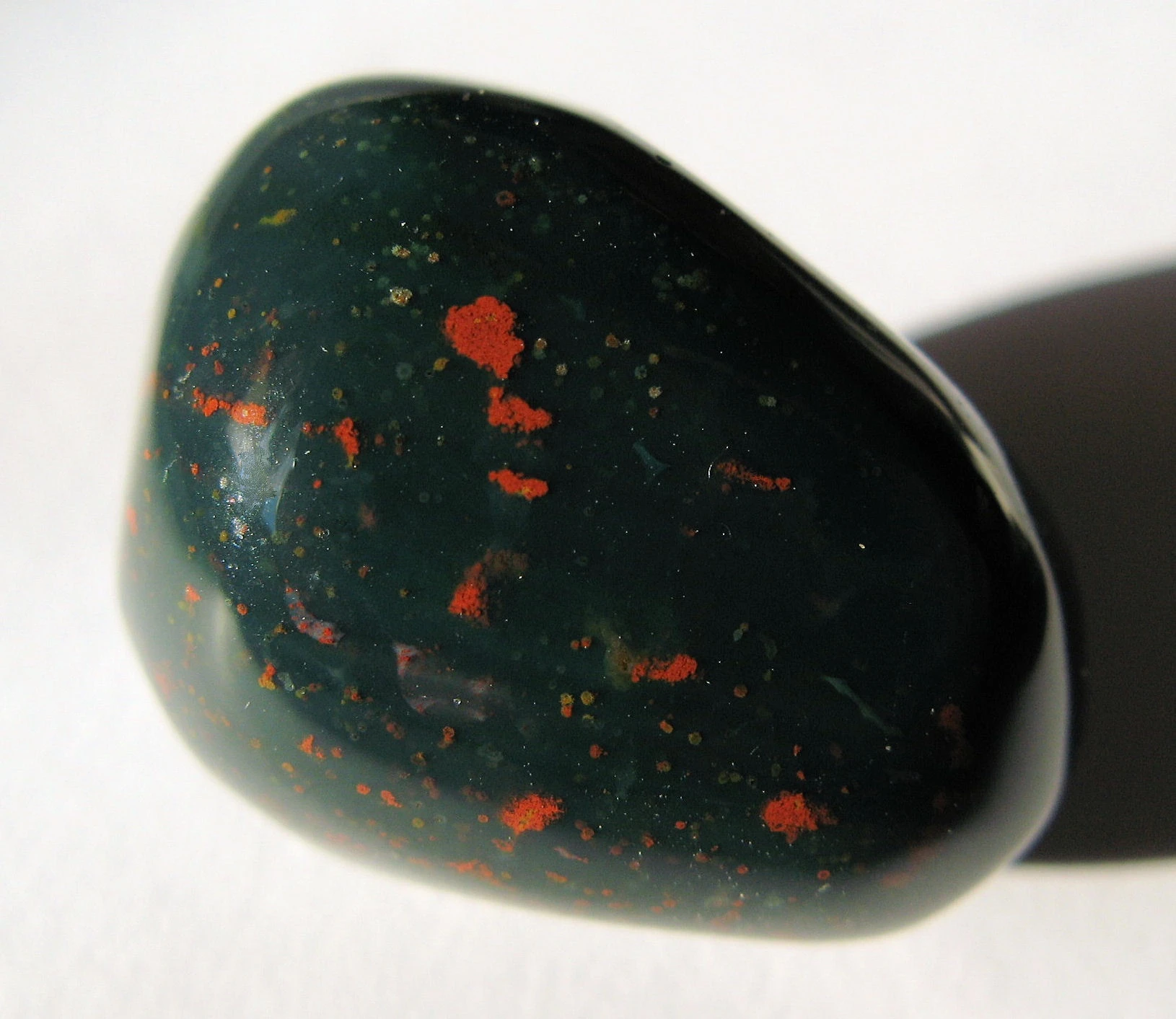 Bloodstone: Đá bloodstone còn có tên khác là heliotrope, đôi khi được gọi là ngọc thạch anh lục hoặc ngọc thạch anh máu. Đá có màu vân thạch xanh lục xen những đốm màu đỏ của ôxit sắt nên có tên là bloodstone. Loại đá này làm tăng cường thể chất và lòng can đảm, vì vậy các chiến binh và các vận động viên thể thao thường mang đá bloodstone trong người. Ảnh: Wikimedia.