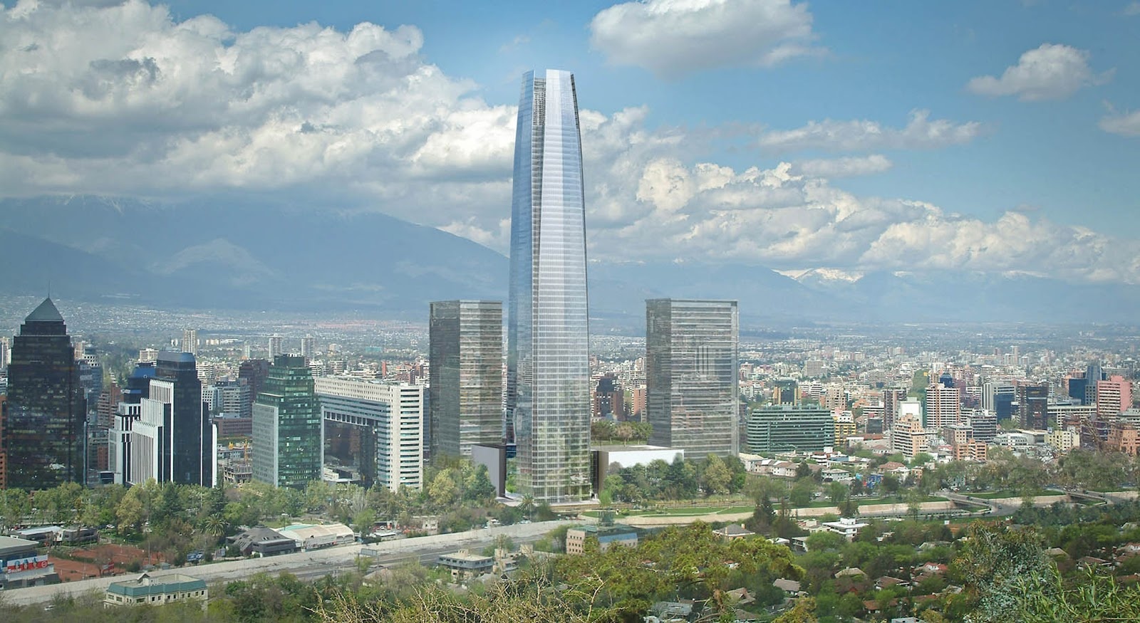Gran Torre (Santiago, Chile): Tòa nhà cao 300 m, gồm 64 tầng, do kiến trúc sư nổi tiếng người Argentina Cesar Pelli thiết kế. Tòa nhà là hiện thân của thế kỷ 21, nằm bên bờ sông Mapocho, từng trải qua một trận động đất mạnh 8,8 độ Richter năm 2010 mà không hề hấn gì. Ảnh: cl.igdigital.