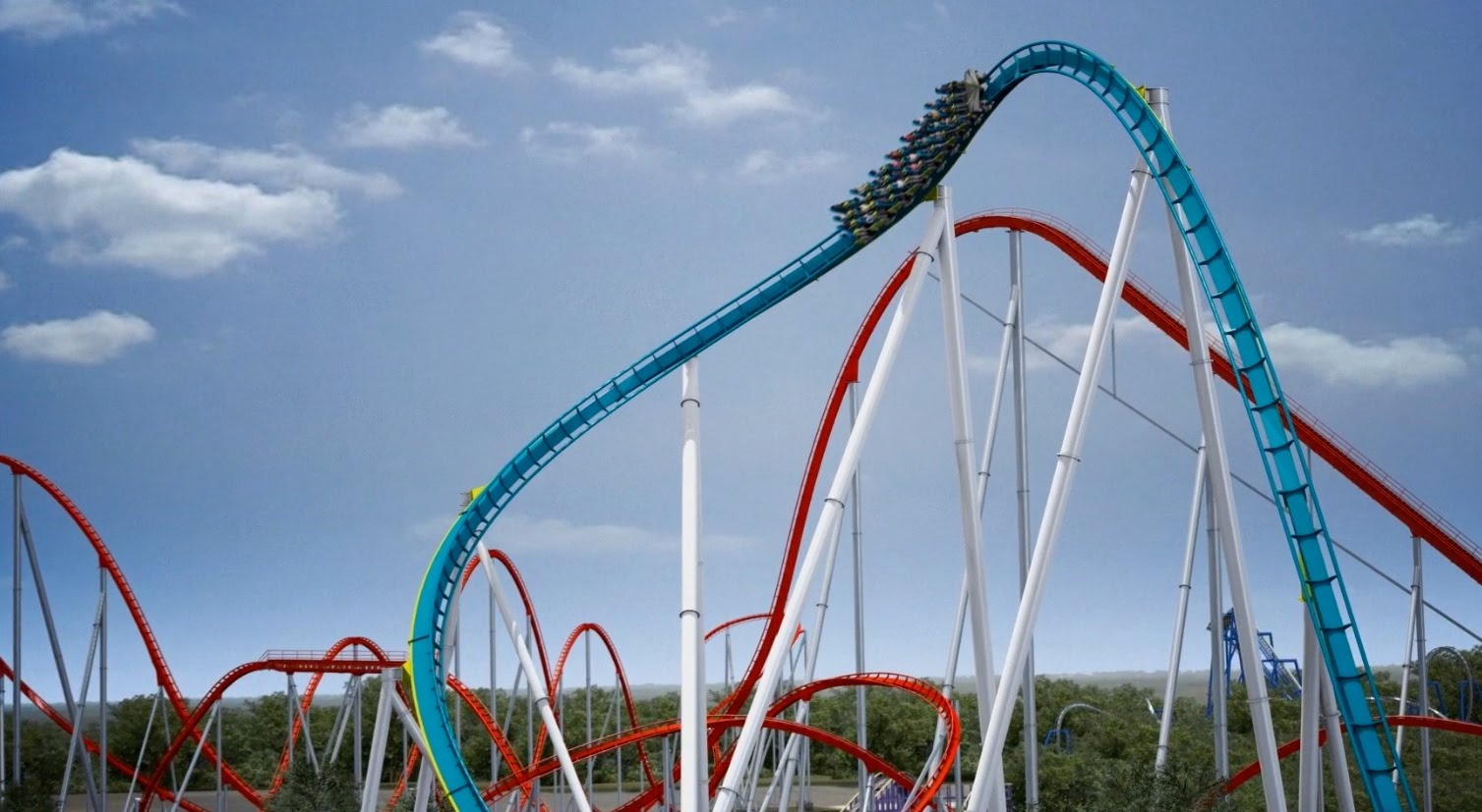 Fury 325, Carowinds, Mỹ: Tàu lượn có chiều cao 99 m, cao hơn 6 m so với tượng Nữ thần Tự Do. Tốc độ tàu lượn lên tới 153 km/h, độ dốc 81 độ. Ảnh: Youtube.