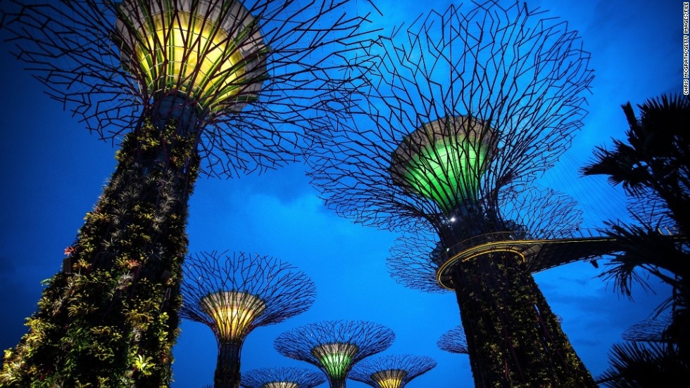 3. Không gian xanh: Đây là nơi có thác nước trong nhà cao nhất thế giới, những cây nhân tạo khổng lồ, những nhà kính không cột, hay con đường bộ hành xanh mướt. Singapore có 18 cây nhân tạo, cao từ 25 – 50 m tạo thành cảnh quan độc đáo.