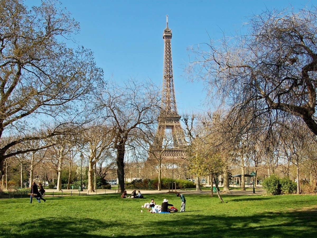 Kiếm một vài chiếc baguette mới nướng, một ít phô mai và chai rượu vang và đi picnic dưới chân tháp Eiffel ở Champ de Mars.