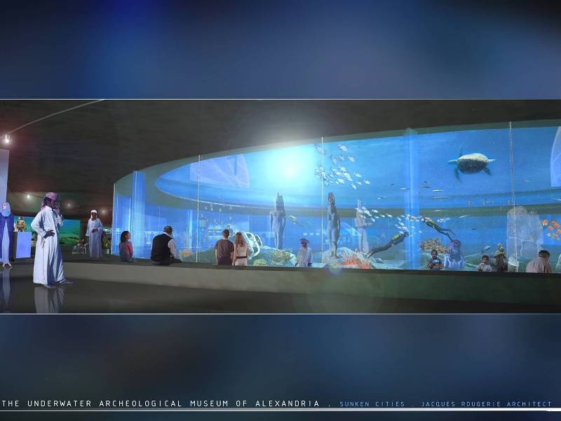 Bảo tàng Alexandria gồm bốn tòa nhà có đường hầm làm bằng thủy tinh chịu lực, sâu xuống gần 7m. Du khách sẽ được tận mắt nhìn thấy những hiện vật dưới biển. Ảnh: Rougerie/UNESCO
