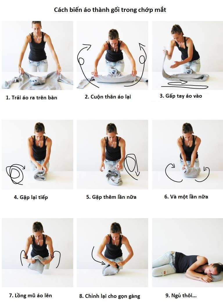 Làm gối từ áo hoodie: nên mang theo một chiếc áo nỉ có mũ, nó sẽ là chiếc gối êm ái giúp bạn nghỉ ngơi, cho dù chuyến bay có bị delay.