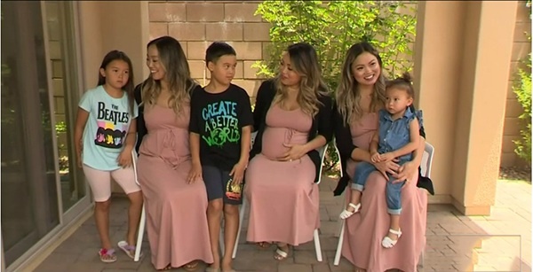 chi em sinh 3 goc Viet tai My,  mang thai cung luc,  sinh con cung nam anh 1