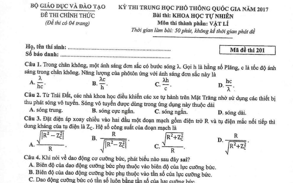 De thi, bai giai mon Vat ly THPT quoc gia 2017 hinh anh
