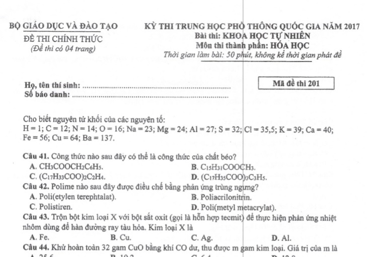 De thi, bai giai mon Hoa hoc THPT quoc gia 2017 hinh anh