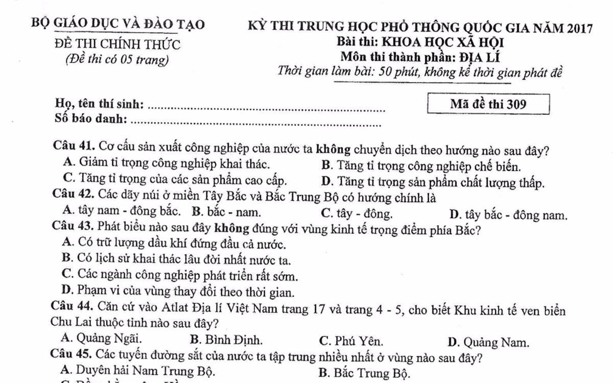 De thi, bai giai mon Dia ly THPT quoc gia 2017 hinh anh