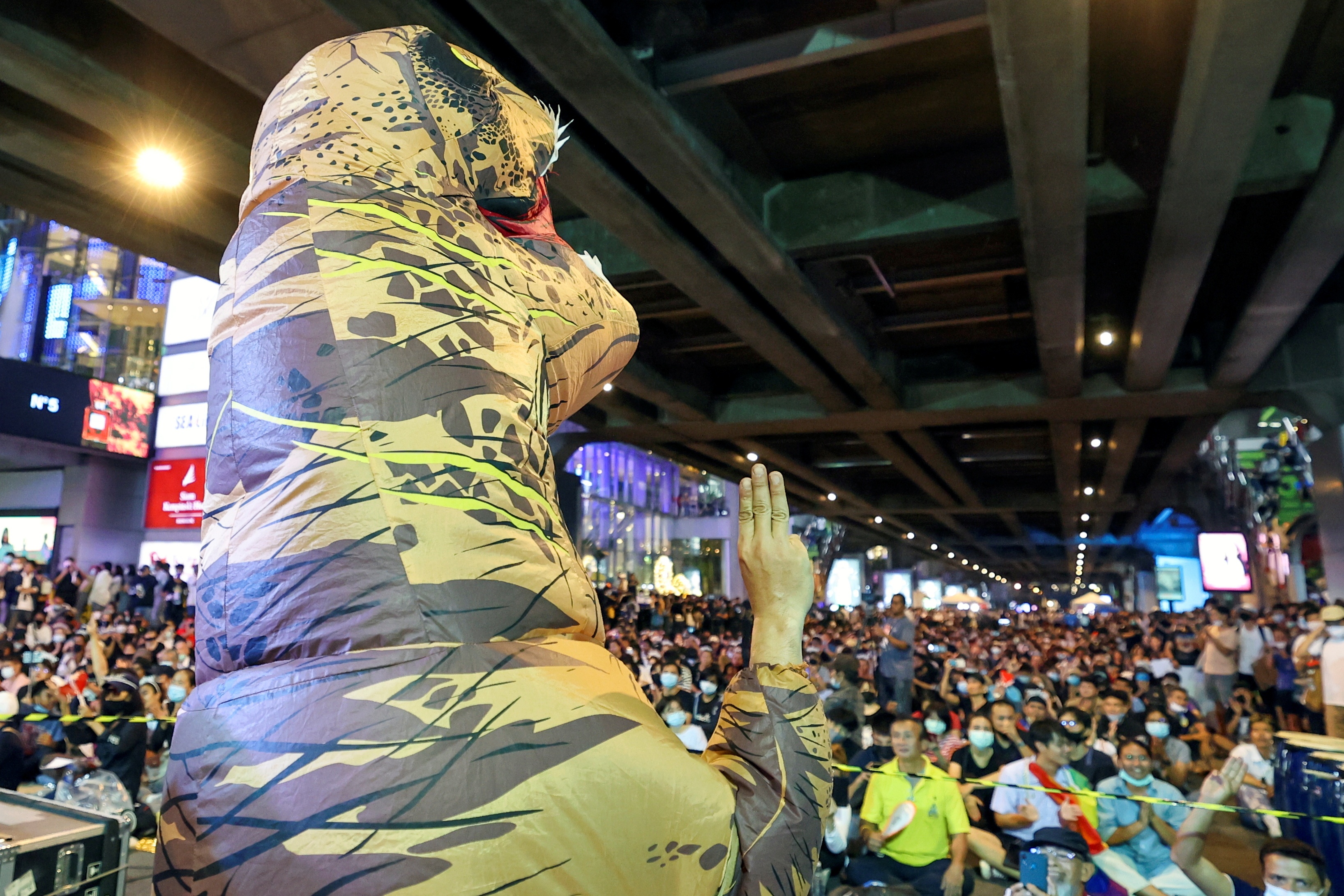 Hoc sinh Thai bieu tinh chong chinh quyen bang hinh nom khung long hinh anh