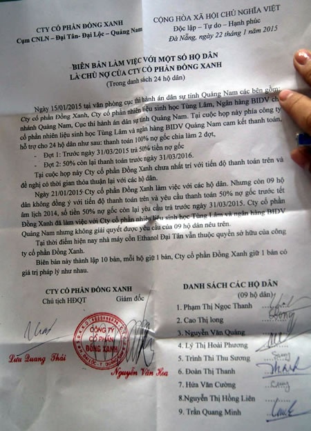 Biên bản làm việc giữa nhà máy cồn và các chủ nợ, trong đó vẫn còn 9 chủ nợ chưa chịu phương án trả nợ của nhà máy.