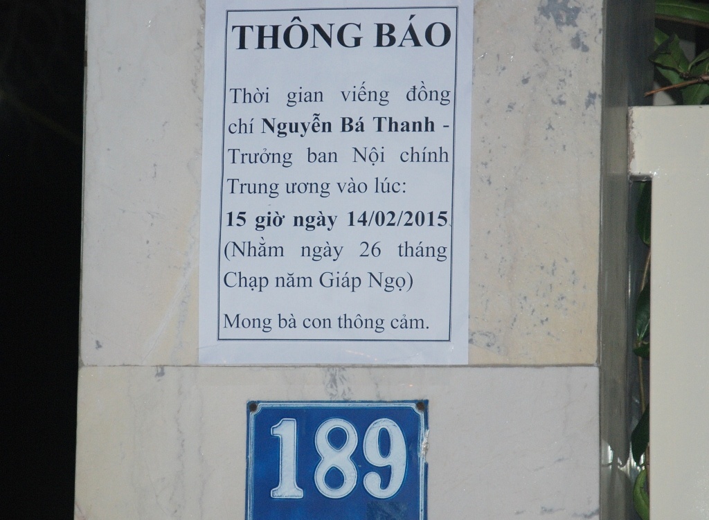Thông báo của gia đình về việc đón tiếp người dân vào viếng ông Nguyễn Bá Thanh.