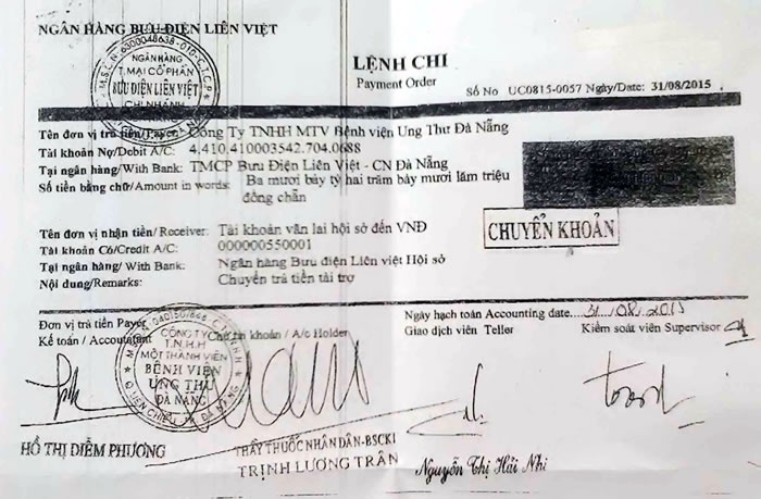 Lệnh chuyển tiền ông Trân ký.