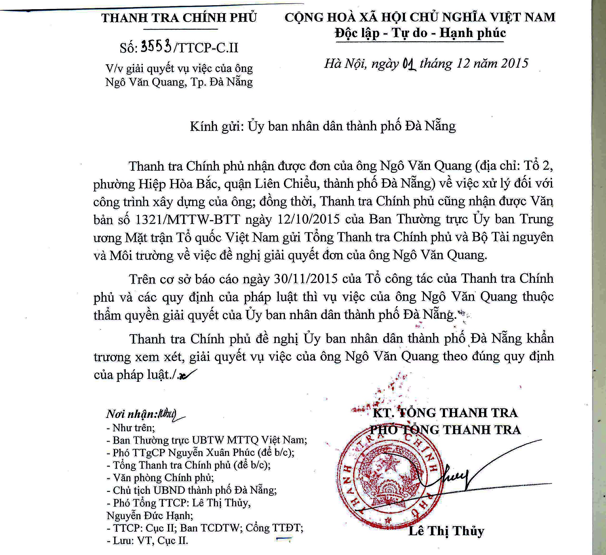 Thanh tra Chính phủ khẳng định việc xử lý khu bietj thự do ông Quang xây dựng trái phép thuộc thẩm quyền của UBND TP Đà Nẵng.