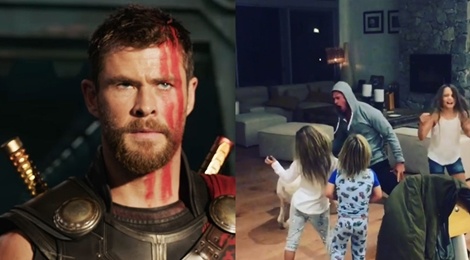 'Than sam' Chris Hemsworth cung 3 con nhay mua theo hit Miley Cyrus hinh anh