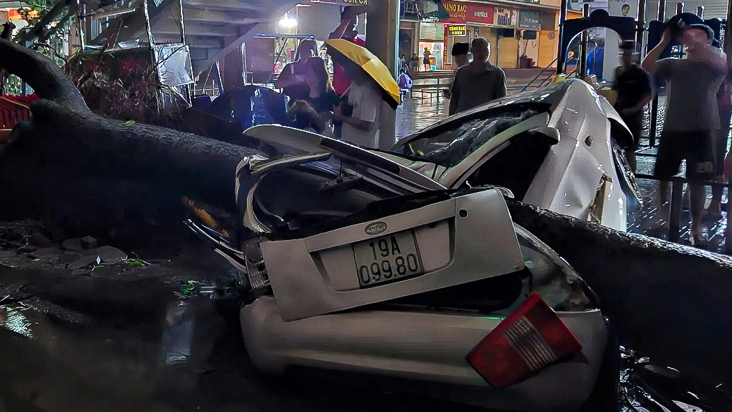 Oto tren duong pho Ha Noi bi cay de nat sau bao Yagi hinh anh