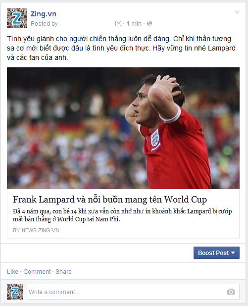 Tình yêu giành cho người chiến thắng luôn dễ dàng. Chỉ khi thần tượng sa cơ mới biết được đâu là tình yêu đích thực. Hãy vững tin nhé Lampard và các fan của anh.