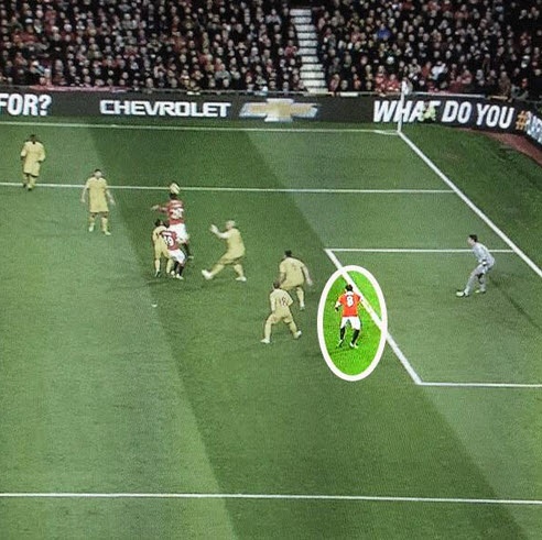 Juan Mata được nhấn mạnh trong khung để thể hiện rằng tiền vệ này rõ ràng đã việt vị khi ghi bàn.