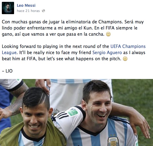 Dòng trạng thái mang tính thách thức Messi viết dành cho Aguero. 