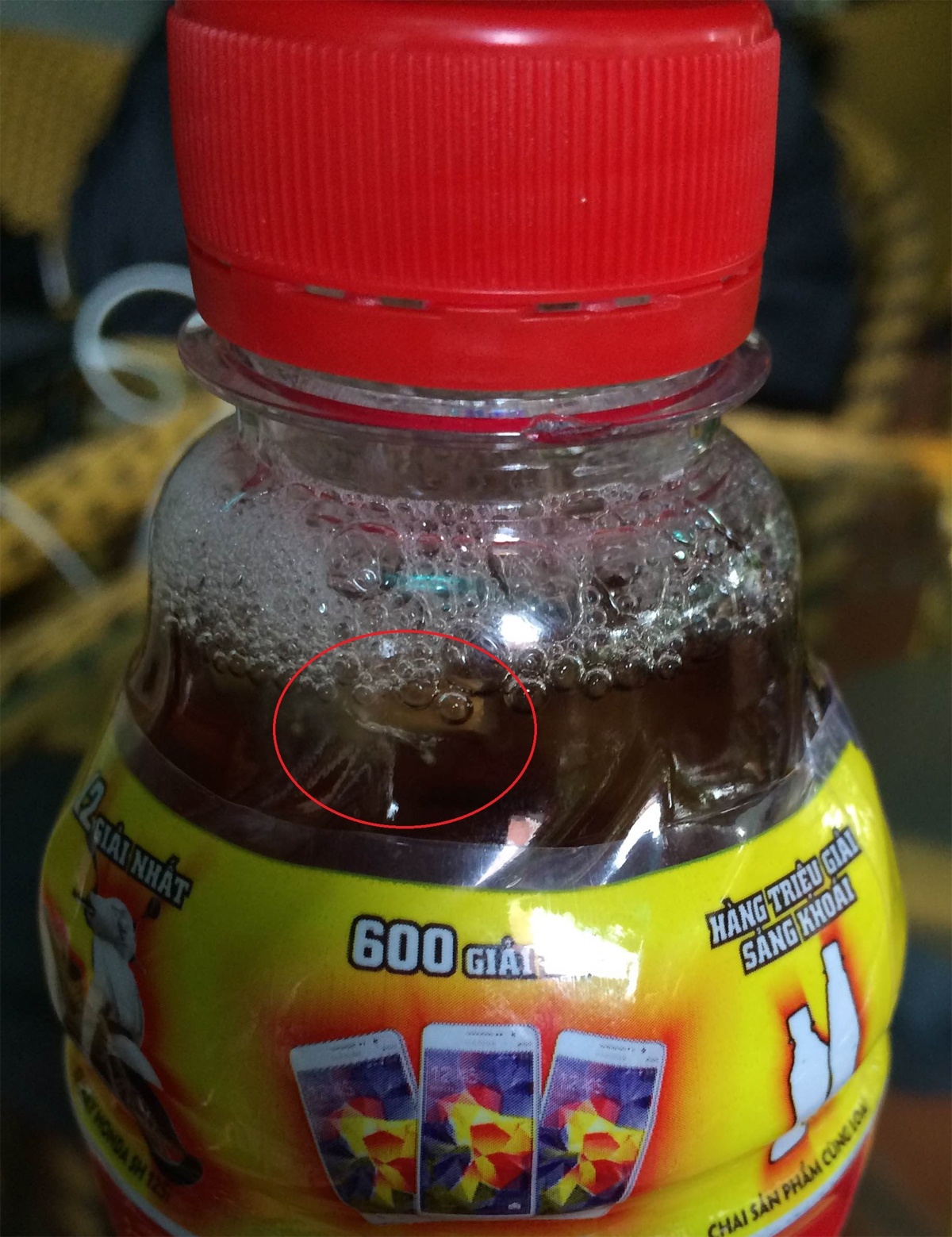 Chai trà Dr. Thanh sủi bọt và có vật thể lạ bên trong. Ảnh: M. Q