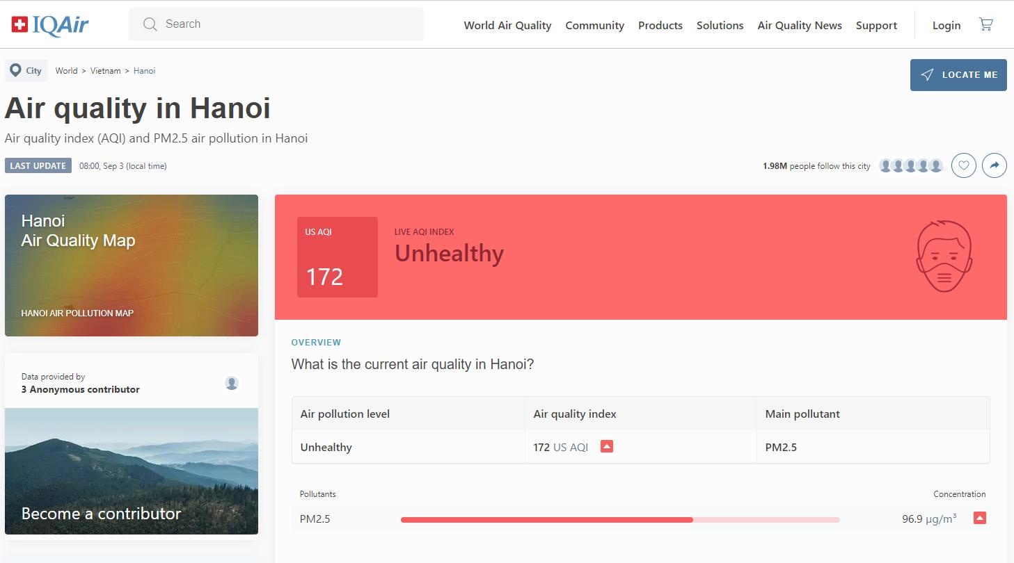 Ha Noi bi AirVisual xep dau o nhiem khong khi anh 1