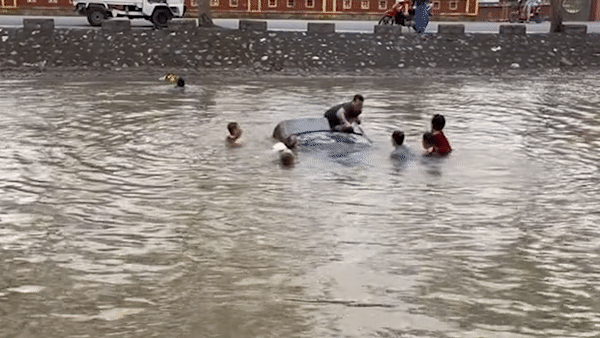 Oto chim dan duoi song, nguoi dan lao xuong cuu hinh anh