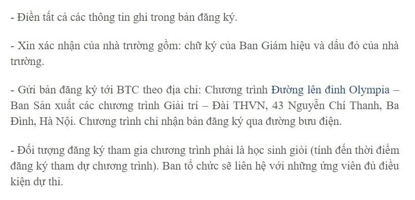 thong bao tuyen thi sinh Olympia nam 20 anh 2