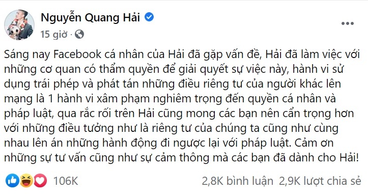 Quang Hải bị hack Facebook ảnh 2 Quang Hai bi hack Facebook anh 2