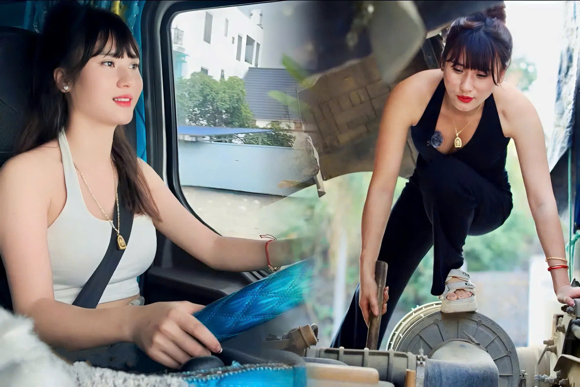 Nu tai xe Tuyen Quang lai xe tai 30 tan, boc gach nhu tap gym moi ngay hinh anh