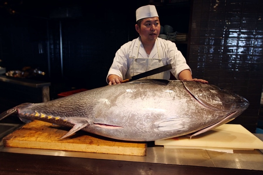 Dau bep Nhat Ban xe thit ca ngu nang 77 kg hinh anh