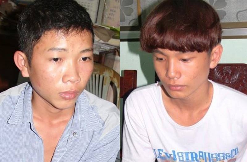 Hồng (trái) và tại cơ quan công an. Ảnh: Minh Anh.