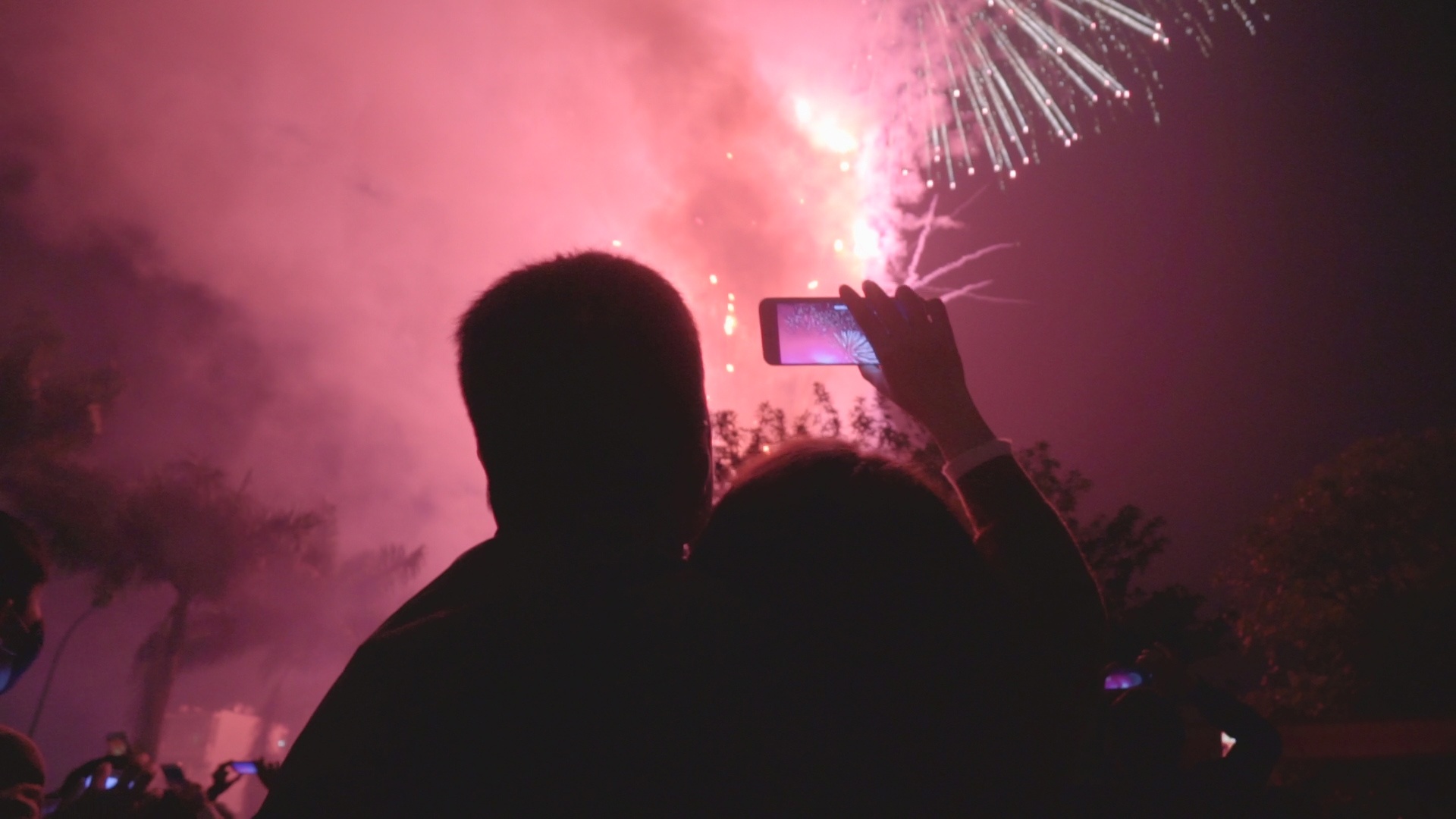 Doi tre om nhau don nam moi Ky Hoi duoi bau troi phao hoa hinh anh