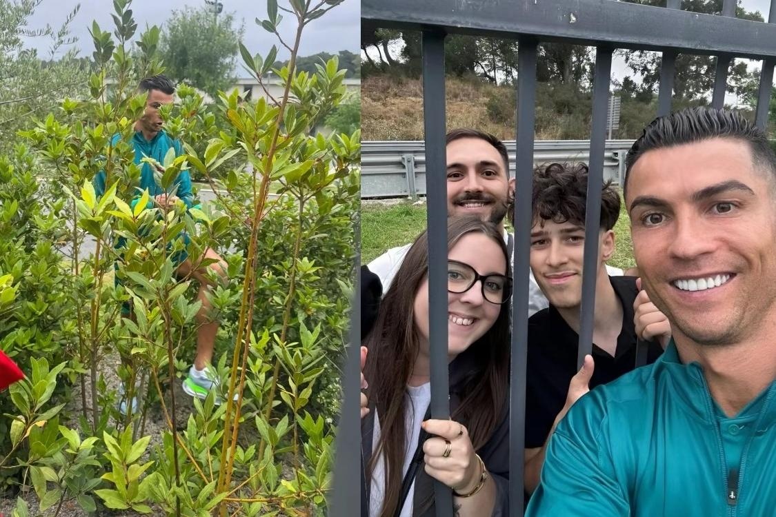 Ronaldo lach qua bui ram de selfie voi fan hinh anh