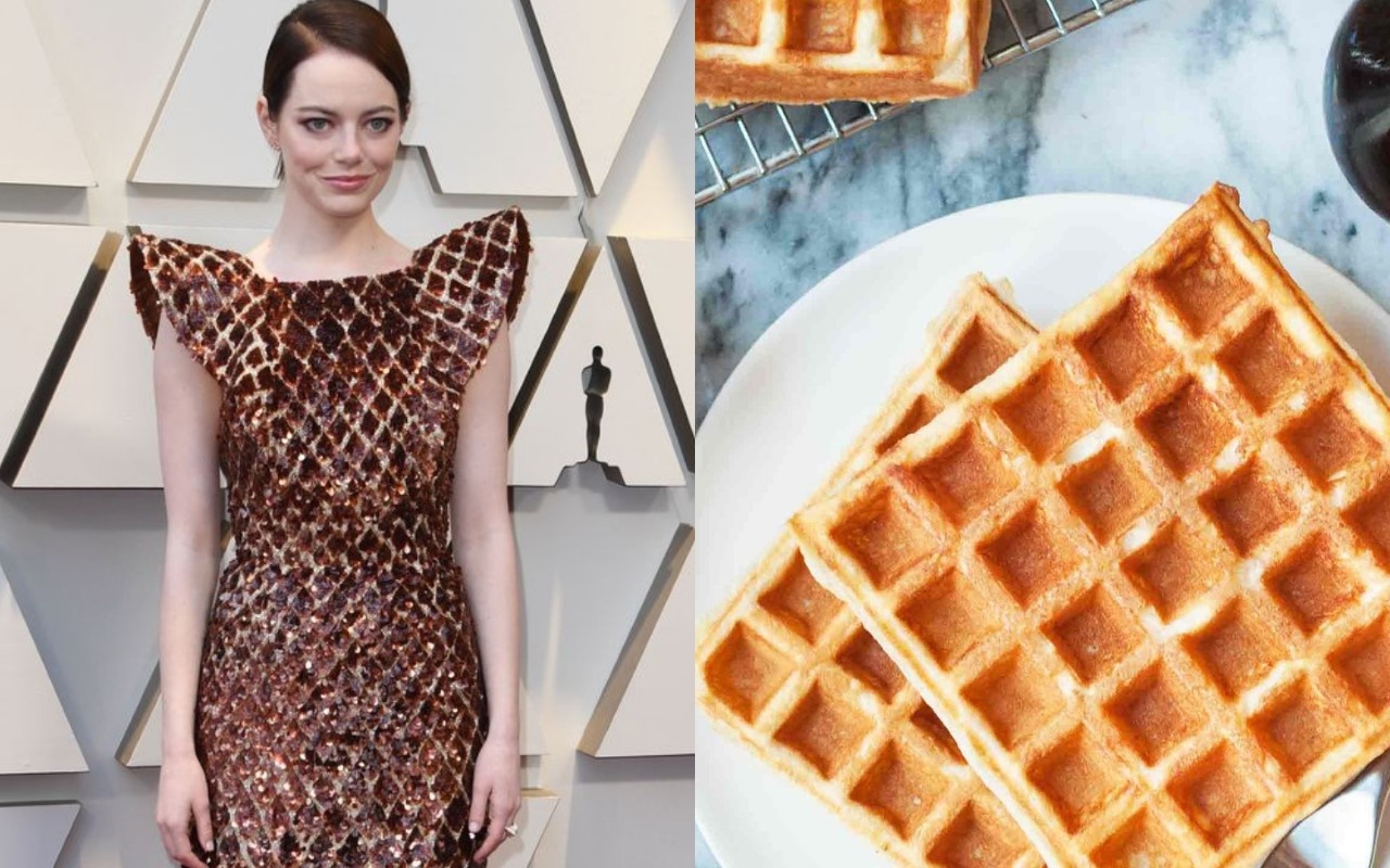 Bo canh tham do Oscar 2019 cua Emma Stone co hoa tiet giong banh que hinh anh
